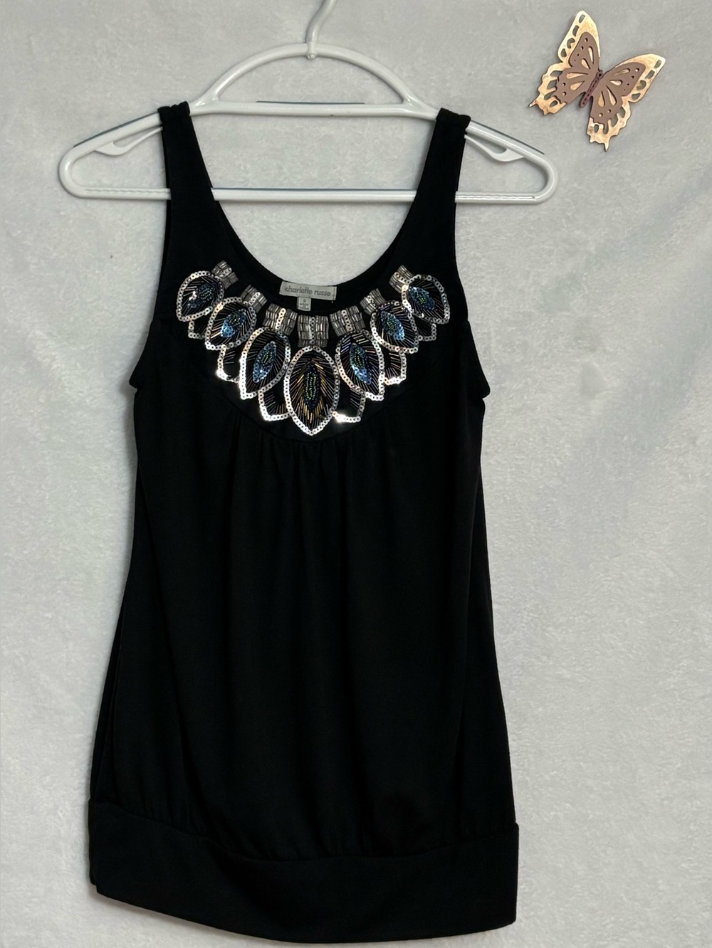 Charlotte Russe Women’s Black Embellished Scoop Neck Tank Top Blouse Size S
